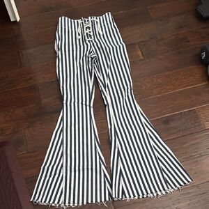 Mumu Blue Striped Flare Jeans with Lace-Up Detail